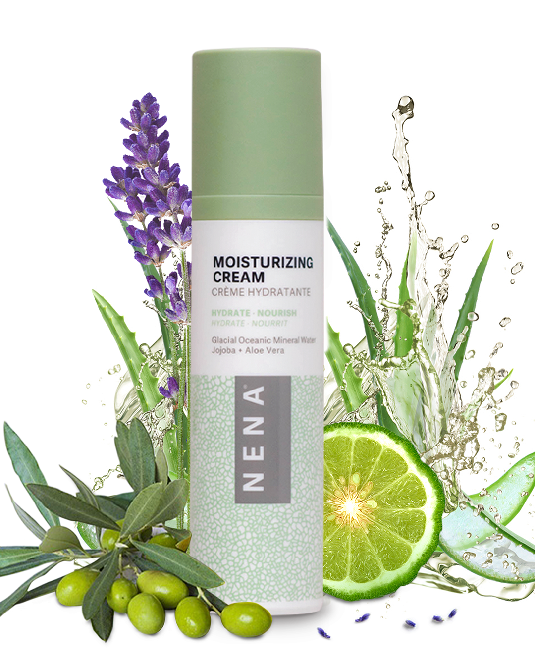 בקבוק קרם לחות ננה עם צמחי מרפא ומים מוזרמים