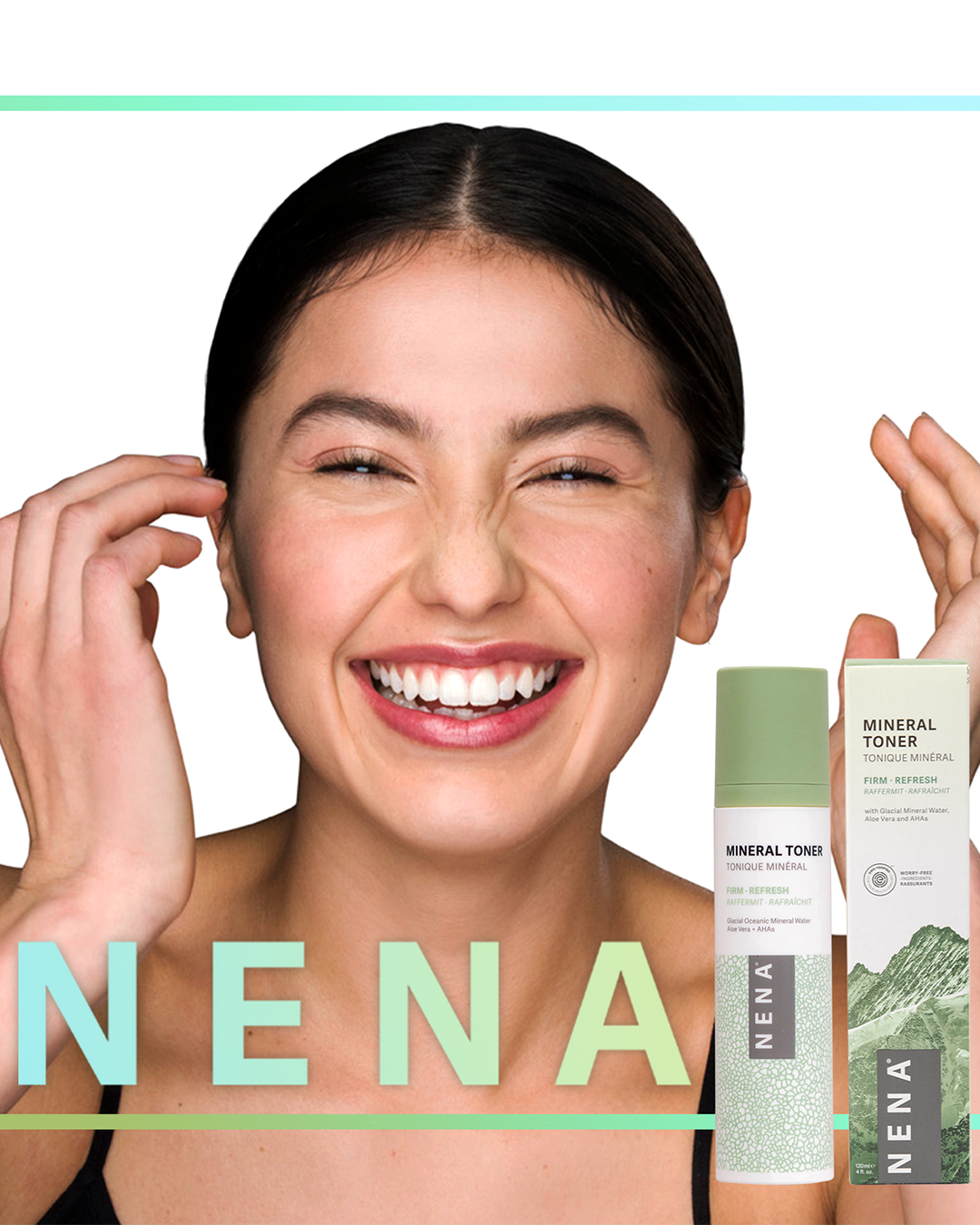 NENA דוגמנית מחייכת עם טונר לפנים מינרלי